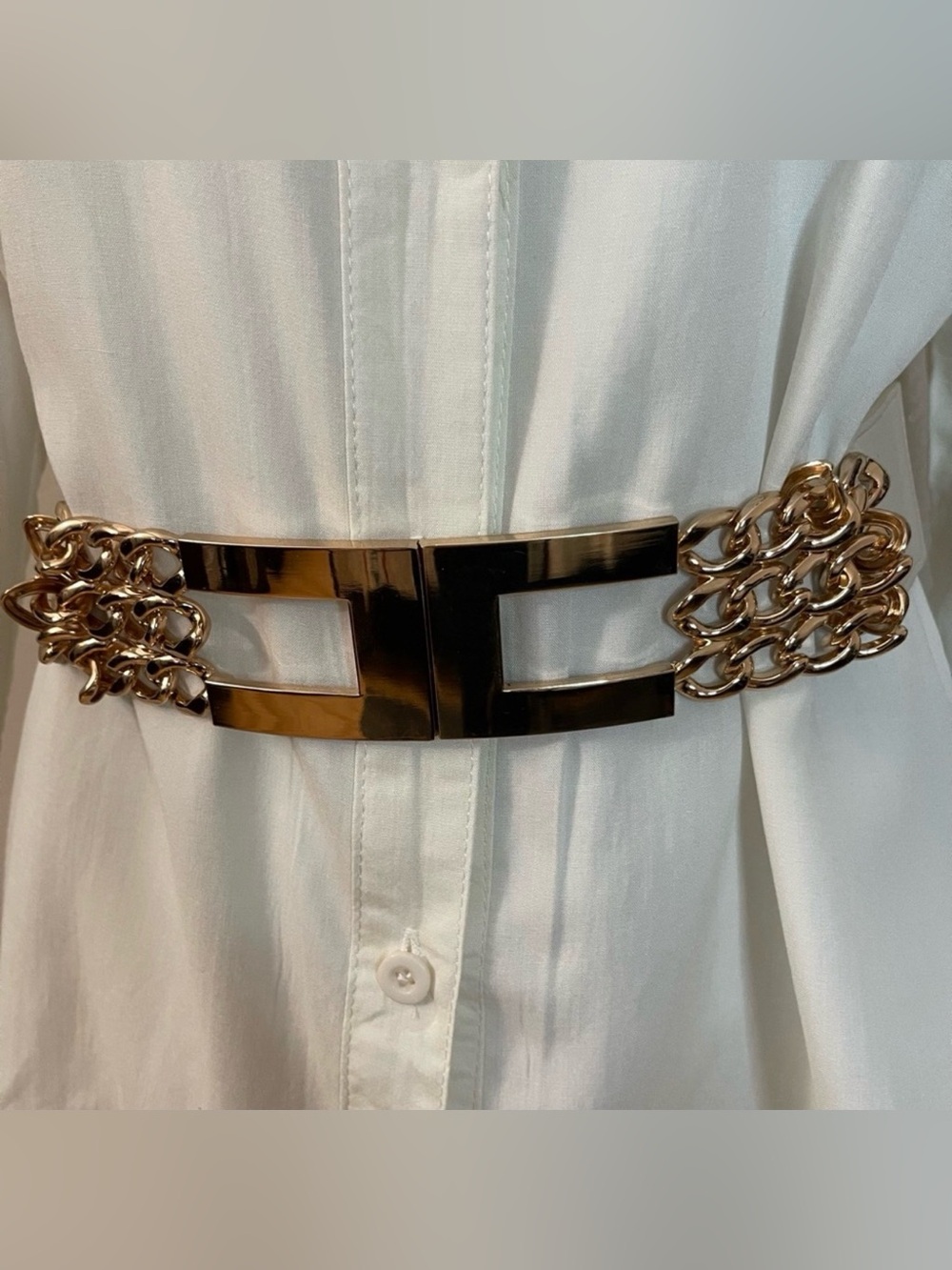 Beige PU leather gold tone buckle chained elastic waistband belt